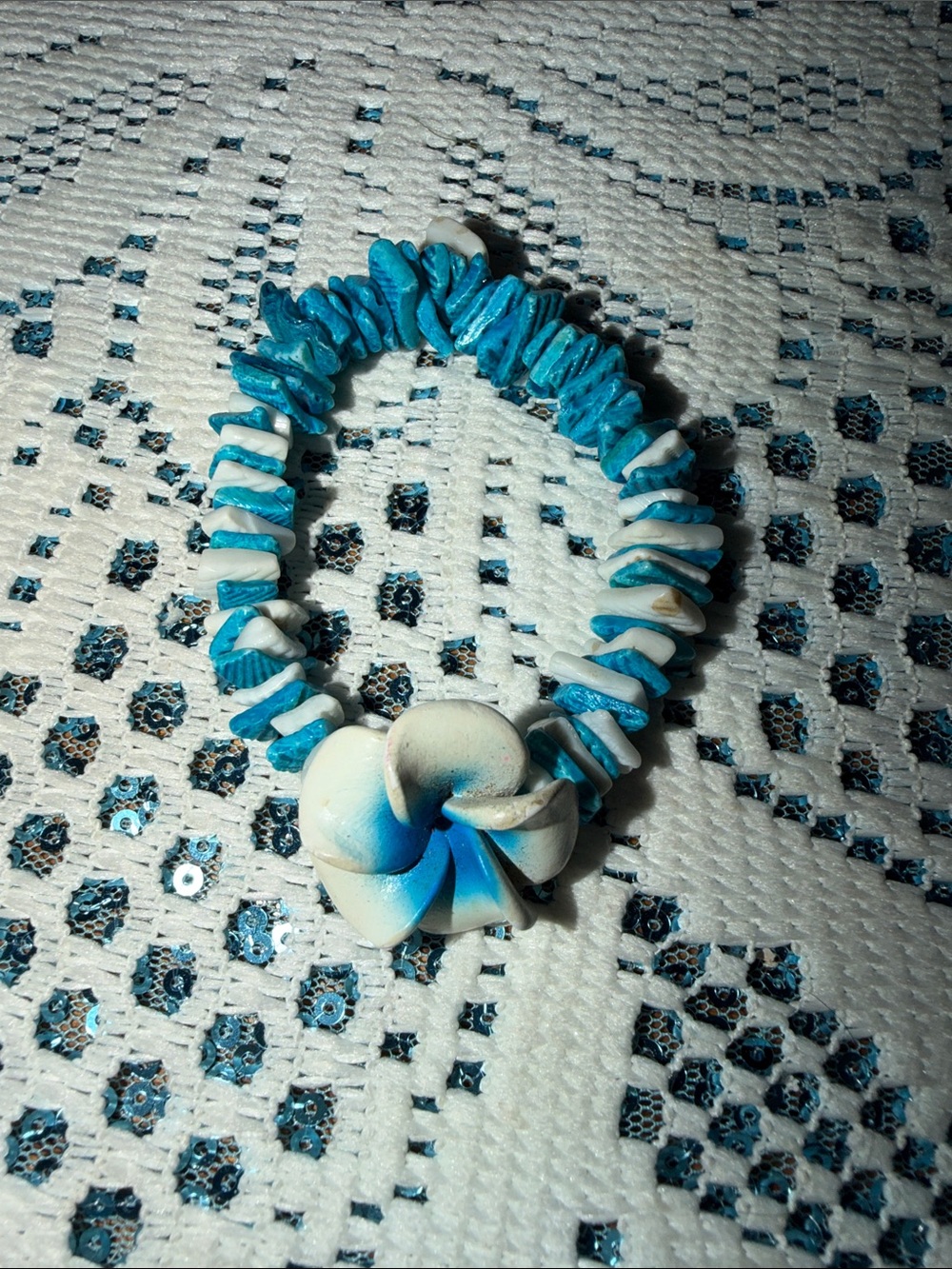 Blue and White Shell Flower Stretch Bracelet